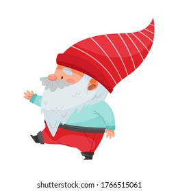 Fantastic Gnome Character with White Beard and Red Pointed Hat Walking Vector Illustration
