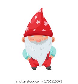 Fantastic Gnome Character with White Beard and Red Pointed Hat Standing with Hands on Hips Vector Illustration