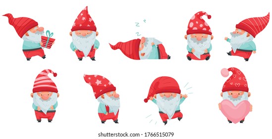 Fantastic Gnome Character with White Beard and Red Pointed Hat Vector Illustration Set