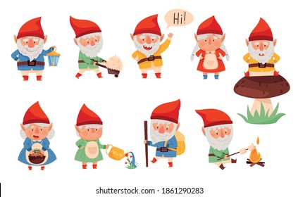 Fantastic Gnome Character with White Beard and Red Pointed Hat Vector Illustration Set