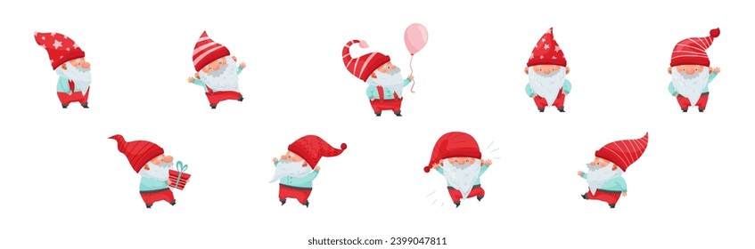 Fantastic Gnome Character with White Beard and Red Pointed Hat Vector Illustration Set