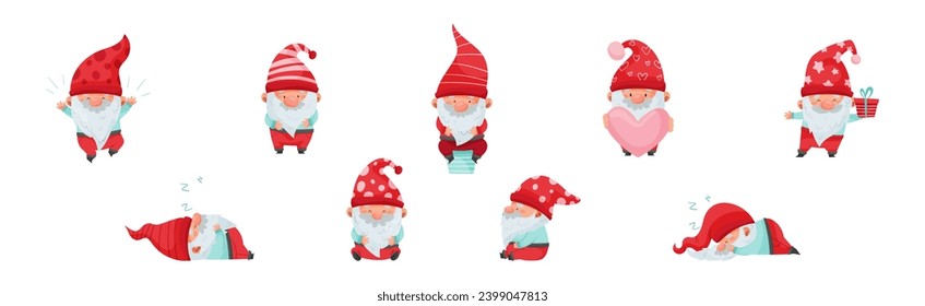 Fantastic Gnome Character with White Beard and Red Pointed Hat Vector Illustration Set