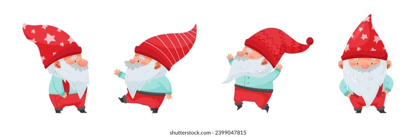 Fantastic Gnome Character with White Beard and Red Pointed Hat Vector Illustration Set