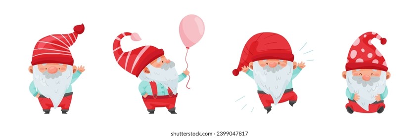 Fantastic Gnome Character with White Beard and Red Pointed Hat Vector Illustration Set