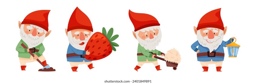 Fantastic Gnome Character with White Beard and Red Pointed Hat Vector Illustration Set
