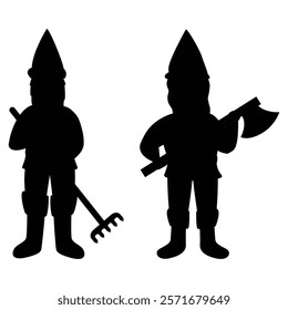 Fantastic Gnome Dwarf Elf Character Black Silhouette Poses