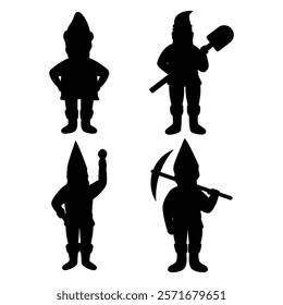 Fantastic Gnome Dwarf Elf Character Black Silhouette Poses