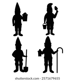 Fantastic Gnome Dwarf Elf Character Black Silhouette Poses