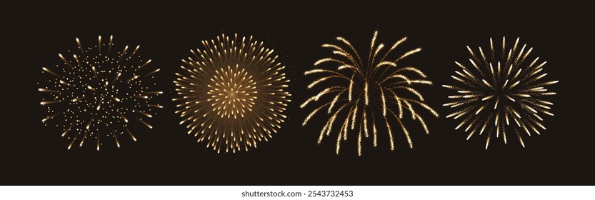 Fantastic golden fireworks explosion realistic color icons set. Festive atmosphere of special occasions celebration 3d objects on black background