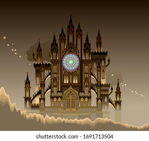 Fantastic Gothic castle from fairyland. Medieval cathedral with stained glass rose. Middle ages in Western Europe. Printable poster for travel company. Illustration for kids fairy tale book.