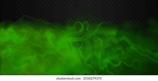 Fantastic green colored clouds with curled and curved smoke waves and rings. Vector realistic vibrant haze isolated on the semi transparent dark background. Beautiful emerald space universe.