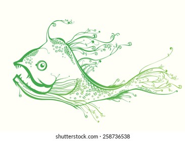 Fantastic green fish. Graphic illustration. 