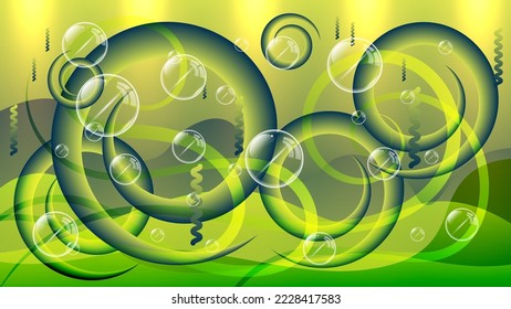 Fantastic green wallpaper. Twisted and smooth stripes, transparent bubbles of different sizes against the background of overlapping wavy shapes. Vector.