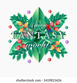 Fantastic Green world with unbelievable leaves and berries. Vector Illustration.