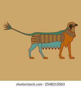 Fantastic griffin animal with lotus tail. Ancient Egyptian ethnic design.