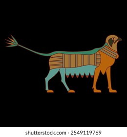 Fantastic griffin animal with lotus tail. Ancient Egyptian ethnic design.