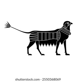 Fantastic griffin animal with lotus tail. Ancient Egyptian ethnic design. Black and white silhouette.