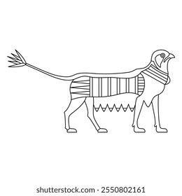 Fantastic griffin animal with lotus tail. Ancient Egyptian ethnic design. Black and white linear silhouette.