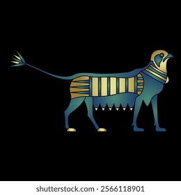 Fantastic griffin animal with lotus tail. Ancient Egyptian ethnic design. Blue and gold on black background.