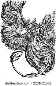 The fantastic Griffon bird. Tattoo. Mythological animals. Mythical antique Griffin. Ancient Birds, fantastic creatures in the old vintage style.