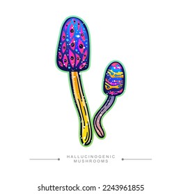 Fantastic hand-drawn toadstool concept. Stylized image of psilocybin mushroom. Amazing fly agaric sticker. Drawing of hallucinogenic mushrooms in acid colors.