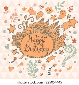 Fantastic Happy Birthday card in cartoon style. Bright floral background with hearts, stars and funny elements in vector