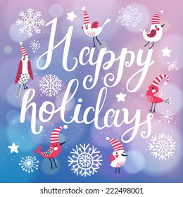 Fantastic happy winter holidays card in vector. Cute stylish birds in stars and snowflakes on bright bokeh background