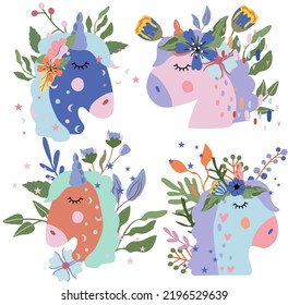 Fantastic Head portrait Unicorn with colorful flowers and leaves. Poster with magical head horse can be used as creating card, banner, birthday and other holidays. Vector illustration.