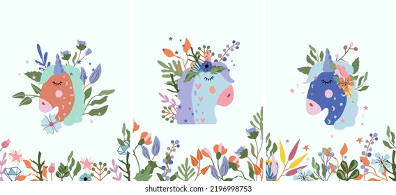 Fantastic Head portrait Unicorn with colorful flowers and leaves. Poster with magical head horse can be used as creating card, banner, birthday and other holidays. Vector illustration.