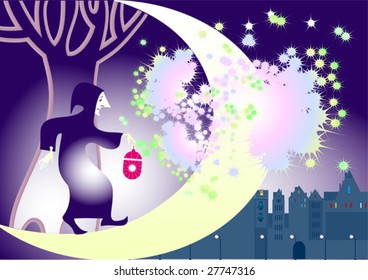 The fantastic hero, the wizard, is on the Moon with a lantern in his hand  above night city