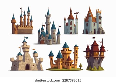 Fantastic historical castles with towers. Set of castles in cartoon style. Flat vector illustration