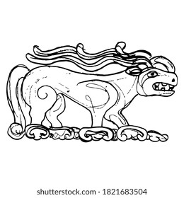 Fantastic horned beast with antlers. Ancient Siberian ethnic art. Permian animal style. Hand drawn linear doodle sketch. Black silhouette on white background.