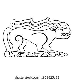 Fantastic horned beast with antlers. Ancient Siberian ethnic art. Permian animal style. Black and white silhouette.