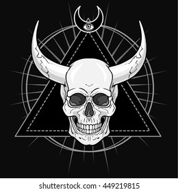 Fantastic horned human skull. Demon, shaman, fairy tale character. Esoteric symbol, sacred geometry. Monochrome drawing, vector illustration. Print, posters, t-shirt, textiles.