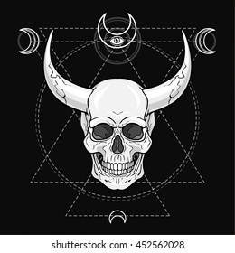 Fantastic horned human skull. Demon, shaman, fairy tale character. Esoteric symbol, sacred geometry. Monochrome drawing, vector illustration. Print, posters, t-shirt, textiles.