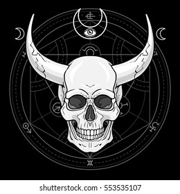 Fantastic horned human skull. Demon, fairy tale character. Mystical circle. Esoteric symbol. Monochrome drawing isolated on a black background. Vector illustration. Print, posters, t-shirt, textiles.