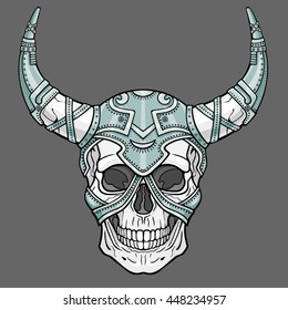 Fantastic horned human skull in iron armor. Spirit of the soldier. Boho design. The isolated drawing on a gray background. Vector illustration. Print, posters, t-shirt, textiles.
