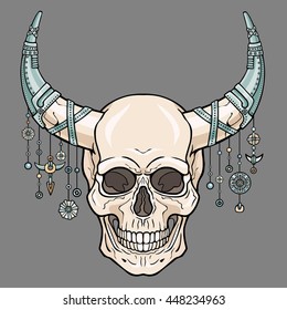 Fantastic horned human skull in iron armor. Ethnic jewelry.  Boho design. The isolated drawing on a gray background. Vector illustration. Print, posters, t-shirt, textiles.