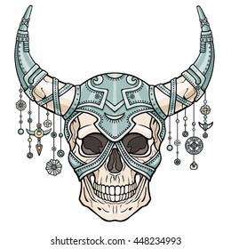 Fantastic horned human skull in iron armor. Spirit of the soldier. Ethnic jewelry. Boho design. The isolated drawing on a white background. Vector illustration. Print, posters, t-shirt, textiles.