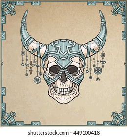 Fantastic horned human skull in iron armor. Spirit of the soldier. Boho design. Background -  imitation of old paper, a frame from iron elements. Vector illustration.