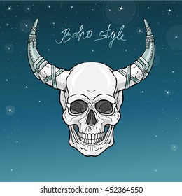 Fantastic horned human skull in iron armor. Esoteric image of the demon, shaman, mythical character. Boho design. Background - the star sky.  Vector illustration.