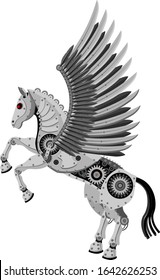 Fantastic horse Pegasus in the style of a mechanical robot. Vector illustration of a winged horse on a white isolated background.