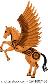 Fantastic horse Pegasus in the style of steampunk. Vector illustration of a winged horse on a white isolated background.