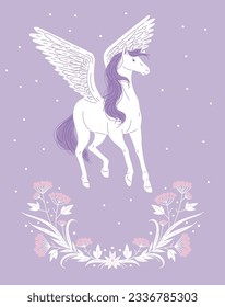 Fantastic horse with wings, magic flowers, cartoon flat vector illustration on lilac background. Magic pegasus horse. Fairytale character for kids.