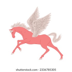 Fantastic horse with wings side view flat style, vector illustration isolated on white background. Decorative design element, fairy tale and mystic animal, white hooves, tail and mane