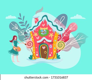 Fantastic House In Fairy Forest, Fantasy World, Fairytale And Girl Artist Painting Cartoon Vector Illustration Isolated On White. Home For Fantastical Fairy Creatures, Dreams And Magic Land For Kids.