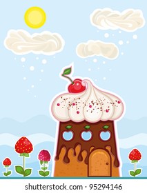 fantastic house in the form of a cake and a clouds of a cream on sky