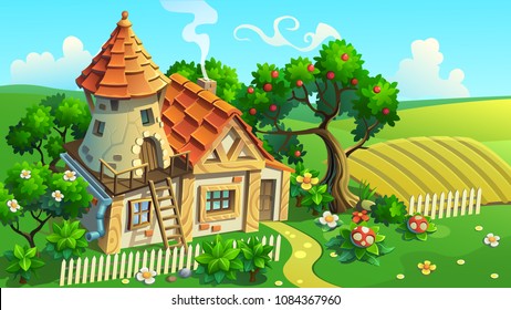 Fantastic House-tower in garden. Vector illustration.