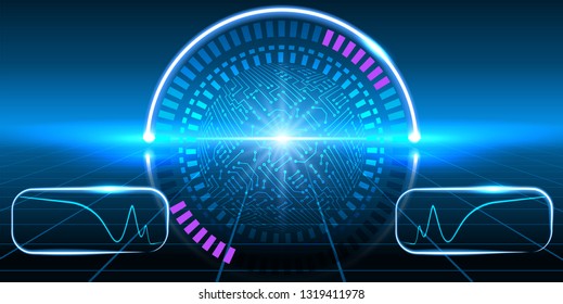 Fantastic HUD display with infographics, electronic circuit, graphs and round diagram. Futuristic interface.
