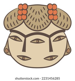 Fantastic human head with two faces. Ancient Mexican goddess from Tlatilco. Native American mythology. Isolated vector illustration.